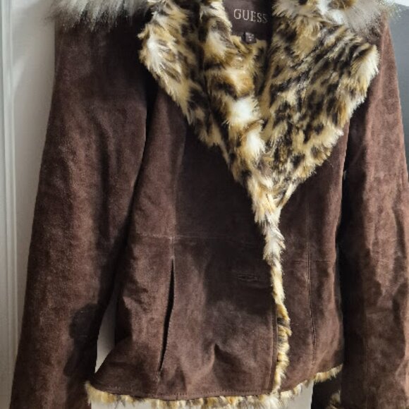 GUESS Women's Suede Leather Jacket with Animal Faux Fur Lining - NWT - M - Picture 2 of 9